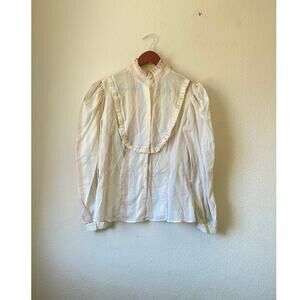 Vintage prairie blouse – pastel striped ruffle bib high neck – cottagecore large